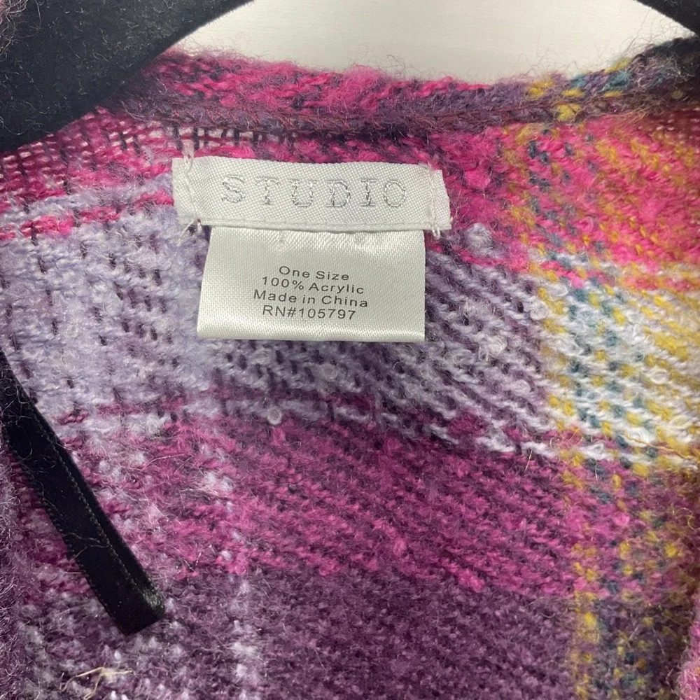 Studio Womens Purple Multi Plaid Fringed Open Front Poncho Wrap One Size OS